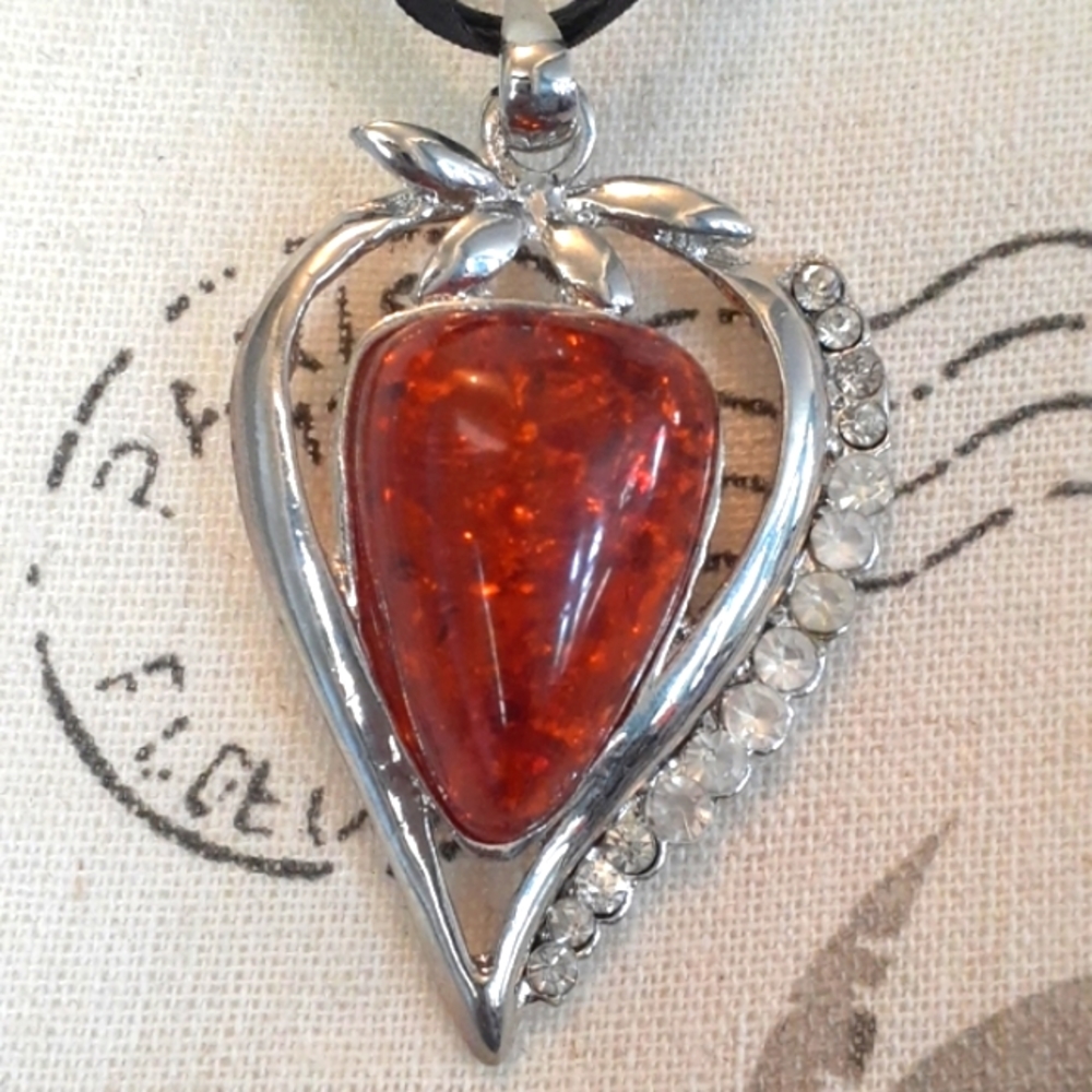 & Amber & silver strawberry with crystal accents necklace